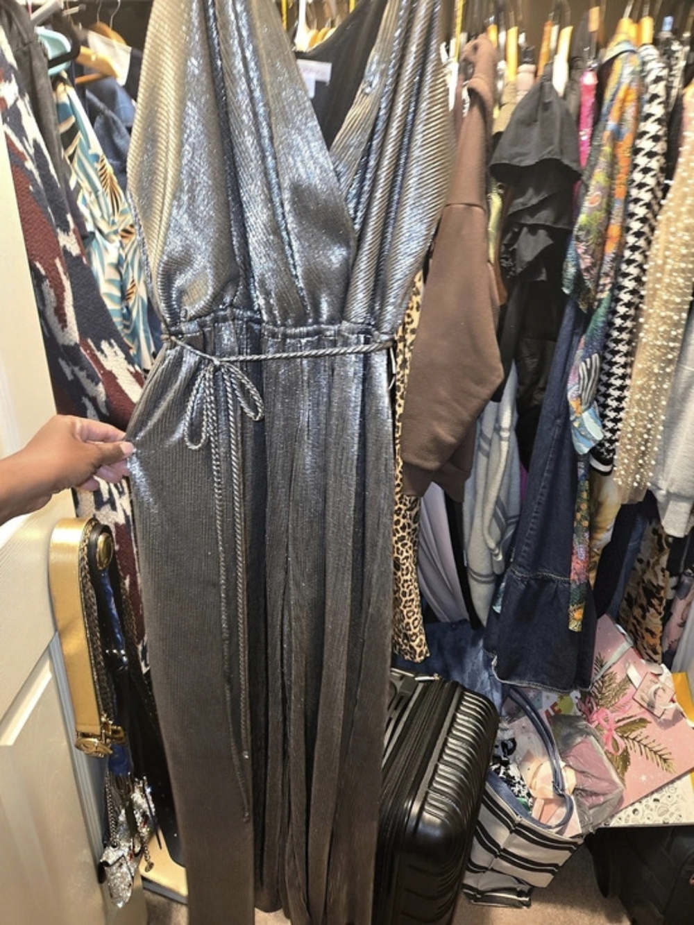 Metallic Pleated Maxi Dress in Black & Silver Like New